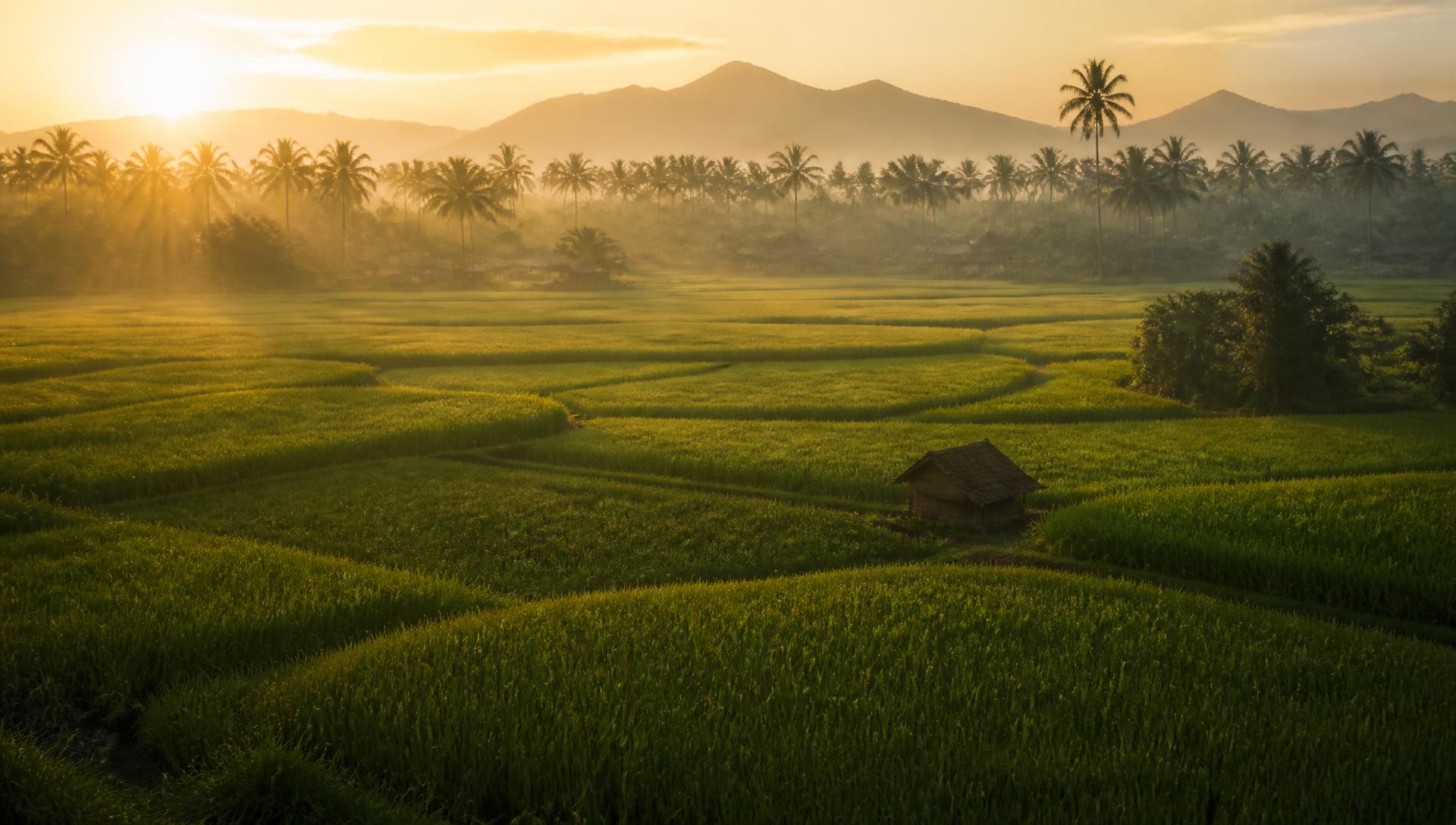 ทุ่งนาข้าวเขียวขจีในประเทศไทยยามเช้า